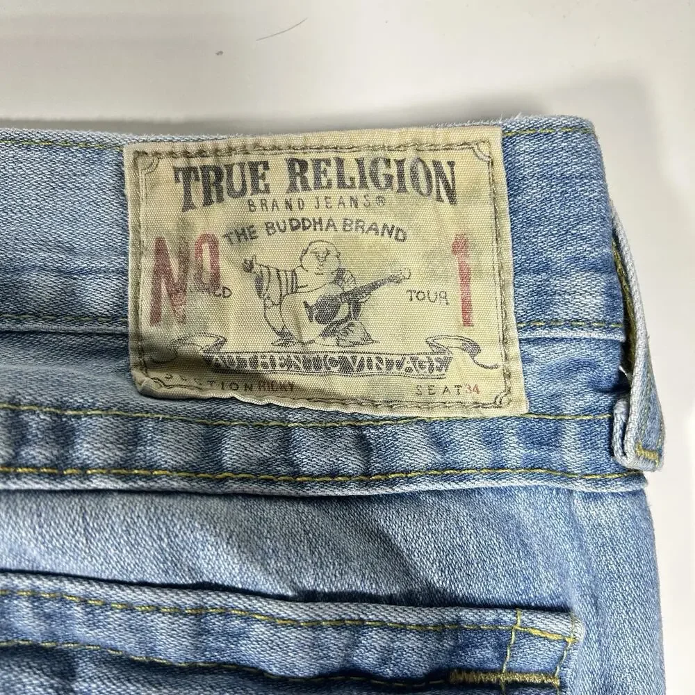 True Religion Ricky Jeans Mens 36x29.5 Light Wash Made In USA Y2K Distressed